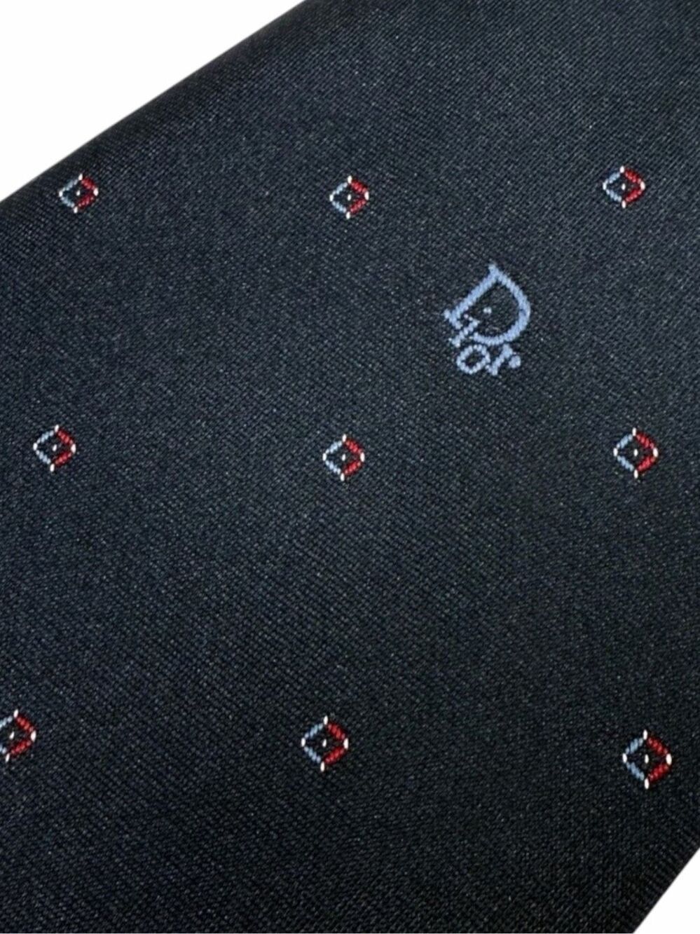 CHRISTIAN DIOR Vintage Men’s Black Woven Logo Geometric Necktie 58”